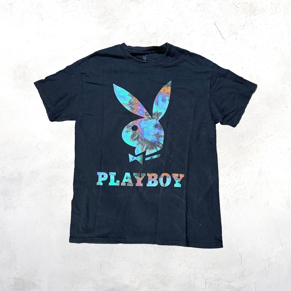🐰 Playboy Black Tie Dye Bunny Logo Graphic Tee Medium 🌈